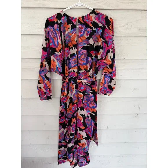 Topshop Floral Midi Wrap Dress Long Sleeve Black Pink Orange Belted Size US 2 - Picture 6 of 9
